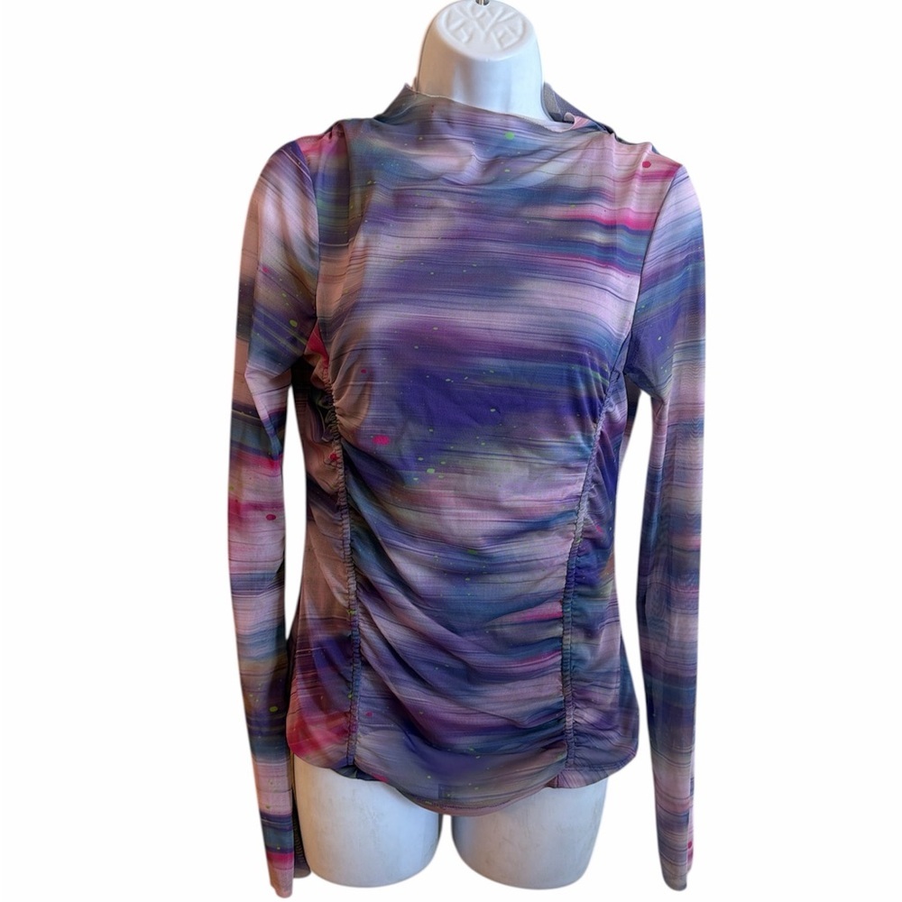 Anthropologie Mesh Top Size Medium Purple Pattern Double Layer Long Sleeve - Picture 4 of 15